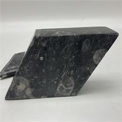 Two boxes, each in the form of a diamond with Orthoceras and Goniatite inclusions, the first with a raised Orthoceras to the lid, the second with a raised Goniatite to the lid, age: Devonian period, location: Morocco, L17cm, H5cm 