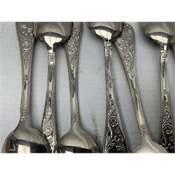 White metal flatware, comprising three table spoons, and ten teaspoons, marked 800, approximate weight 289 grams