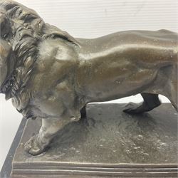 After Charles Valton, bronze, modelled as a lion, upon bronze plinth signed C H Valton, with foundry seal for J B Deposee, and black marble plinth base, overall H20cm L26cm