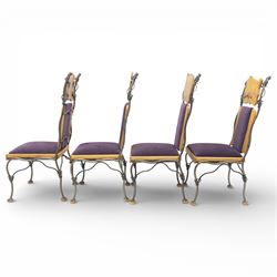 Paul Hodgkiss Designs of Glasgow - contemporary shaped elm dining table with wrought iron base; with set ten (8+2) matching high-back dining chairs, table of organic form above an elaborate wrought iron supports, with central elm stretcher, the chairs with en suite with matching wrought iron work burred elm headrest, purple velour upholstery with drop in seat     

Table: W 102cm, L 243cm, H 74cm
Chairs: W 56cm, D 52cm, H 130cm