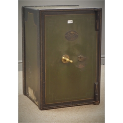  Victorian green and black finish safe, two small trinket drawers, 'J.Garthwright & Son West Bromwich', two working keys for the main door, W51cm, H77cm, D52cm  