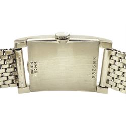 Gruen Curvex Precision gentleman's 14ct white gold manual wind wristwatch, back case No. 282688, rectangular silvered dial, with diamond dot markers at 12, 3 and 9 o'clock and subsidiary seconds dial, on 14ct white gold bracelet, both stamped 14K, with additional links