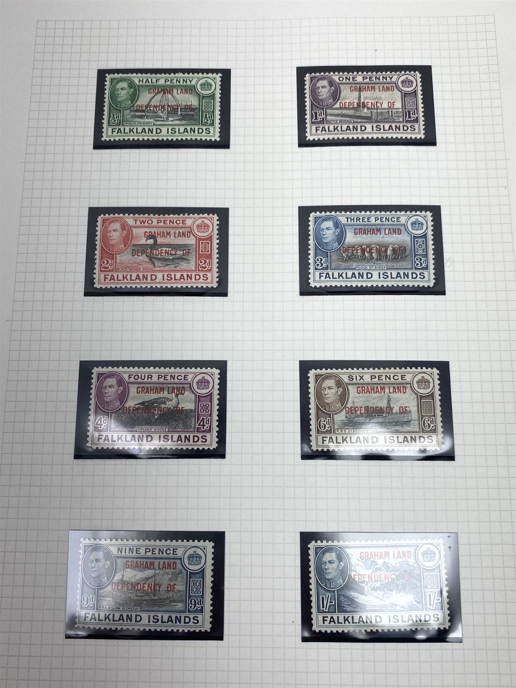 Falkland Islands, King Edward VII and later stamps, including 1904-12 values to one shilling unused, King George V 1912-20 values to five shillings unused etc, housed on pages