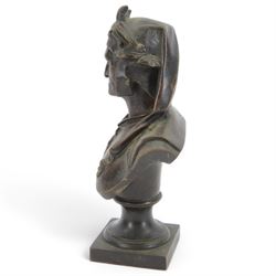After A. Carrie, bronze bust depicting Dante Aligheri, upon socle and square plinth, signed verso with foundry mark, H22cm