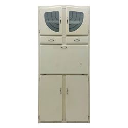 Mid-20th century painted kitchen cabinet, moulded top above a pair of glazed cupboard door...