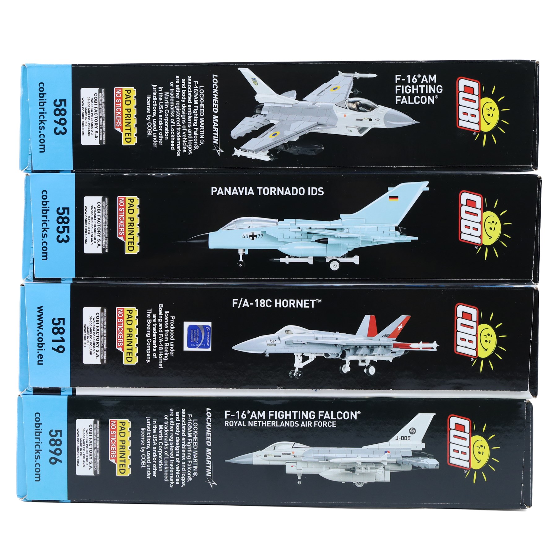 Four Cobi Bricks 1:48 scale Armed Forces sets, comprising no. 5819 F/A-18C Hornet, no. 5853 Panavia Tornado IDS, no. 5893 F-16 AM Fighting Falcon and no.5896 F-16 AM Fighting Falcon, all in sealed boxes