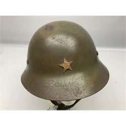 WW2 Japanese Army type 92 steel helmet with infantry star badge to centre, webbing liner and chin strap