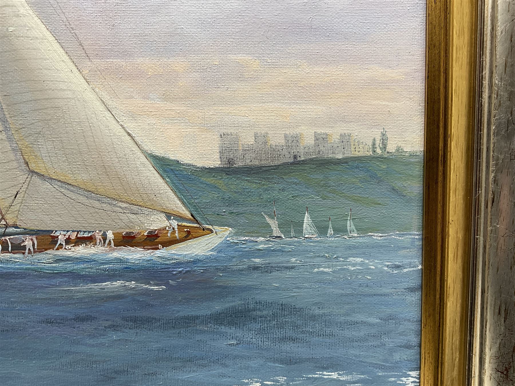 Michael J Whitehand (British 1941-): Racing Yachts off a Castle, oil on canvas signed 79cm x 99cm