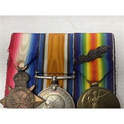 WW1 group of three medals comprising 1914-15 Star awarded to 1204 Pte. W.V. Furniss 20-London R. and British War Medal and Victory Medal with oak leaves awarded to Capt. W.V. Furniss; with ribbons; displayed on board for wearing; some biographical details