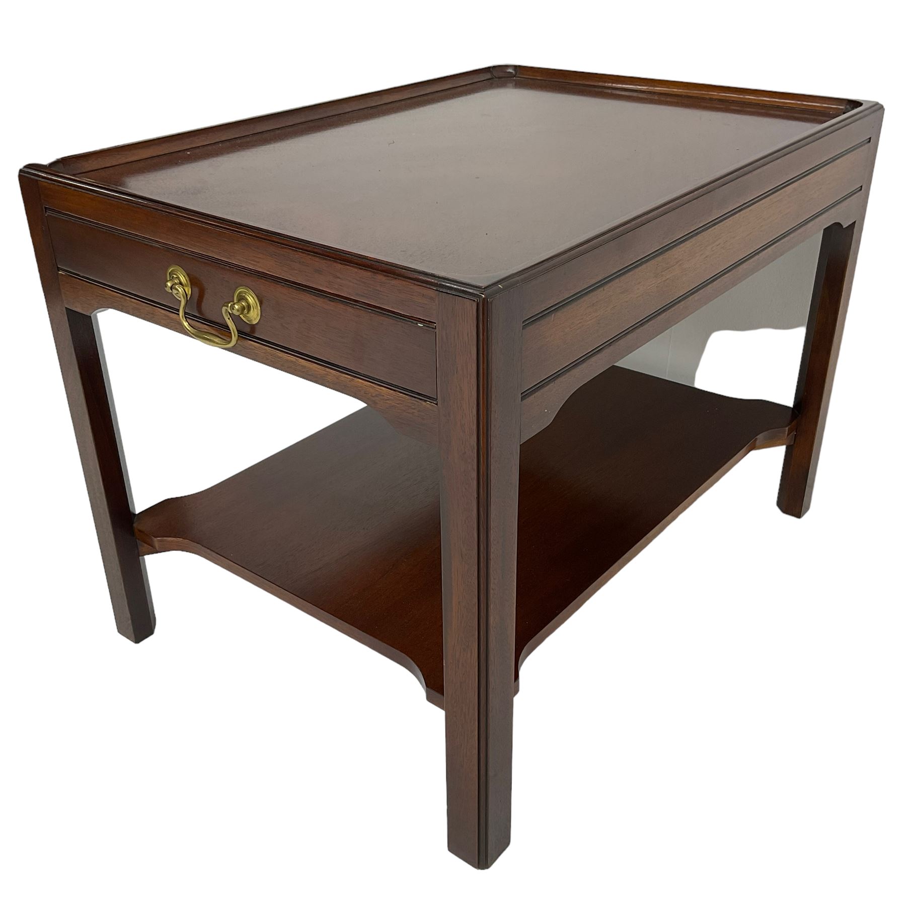 Mahogany side table or end table, the dished rectangular top with moulded edge, fitted with single end drawer, moulded square supports with inner chamfer united by under-tier 