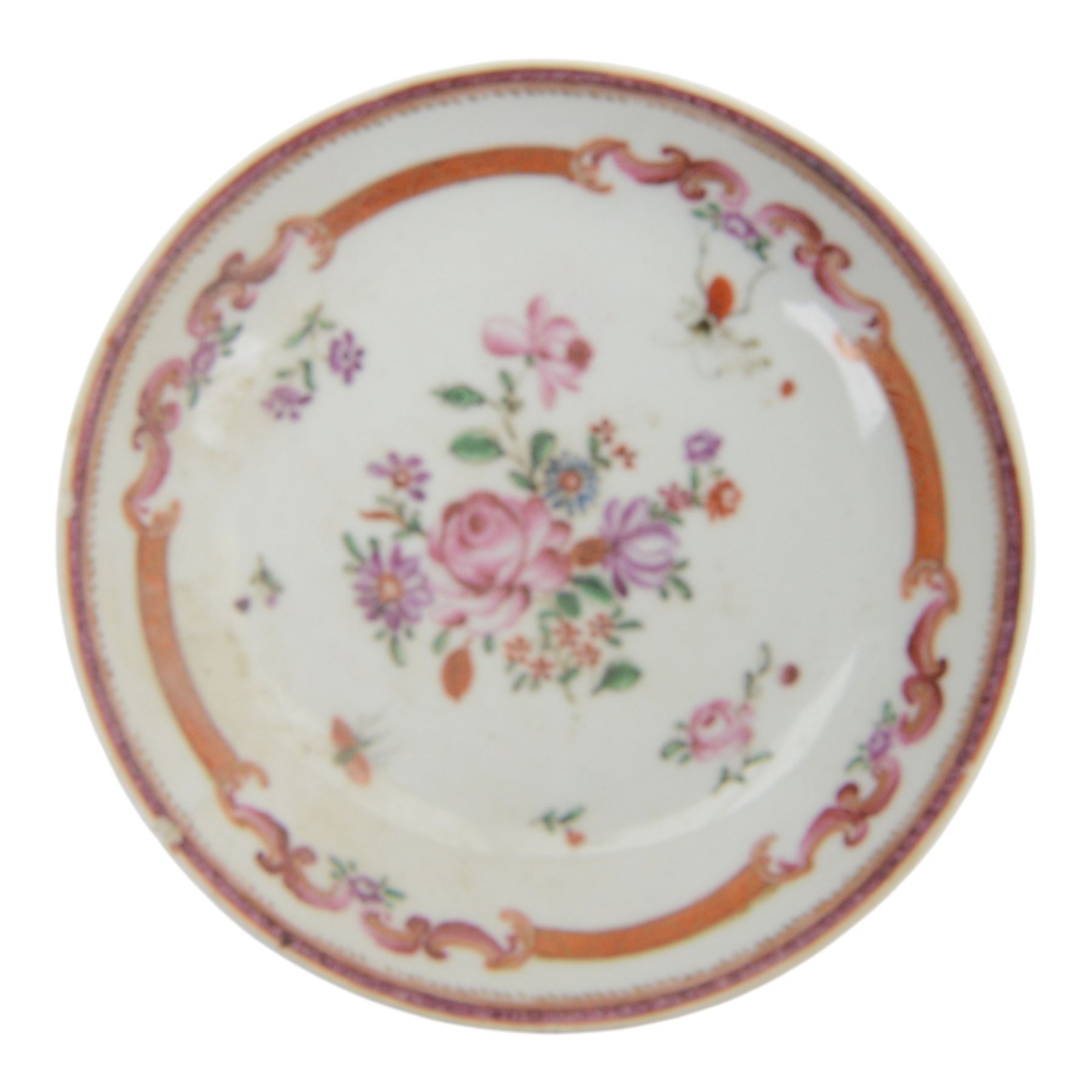 Amsterdam bont teapot, decorated with a basket of flowers, together with two Amsterdam bont saucers of similar design and five other saucers  