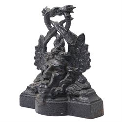 Victorian painted cast iron door porter, cast with a Medusa head and entwined serpents, H27cm