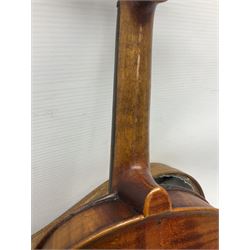 Mid-19th century German violin with 36cm two-piece maple back and ribs and spruce top, bears label 'Riccardo Antoniazzi Cremonese fece in Milano l'anno 1896' L59.5cm overall; in walnut case with two part bows