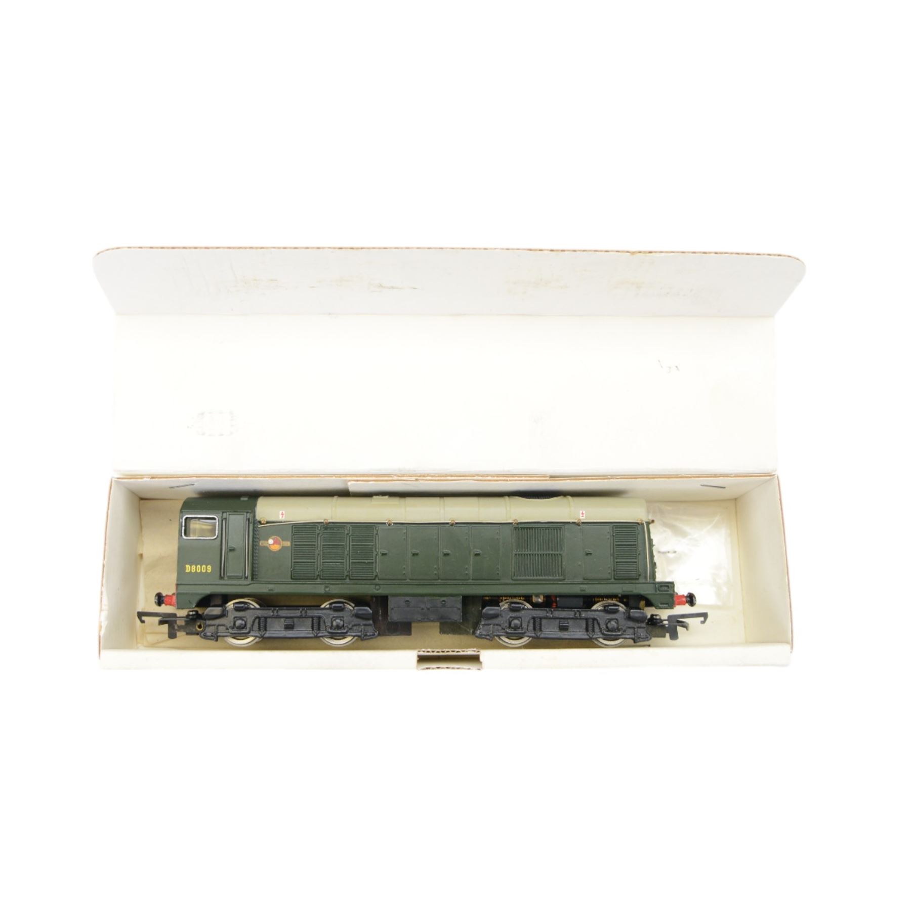 Four Wrenn Railways '00' gauge locomotives, comprising W2230 Bo-Bo Diesel Electric locomotive no. D8009 in BR green livery, W2214 0-6-2 tank locomotive no.2274 in LMS red, W2217 0-6-2 tank locomotive no.9522 in LNER green and W2216 0-6-2 tank locomotive no. 69550 in BR black livery, all boxed