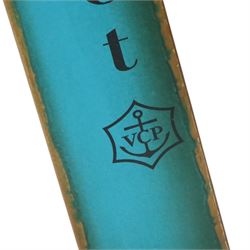 Contemporary wooden folding stepladder, three treads to each side, turquoise painted panels bearing champagne logos, with metal hinges and folding stays