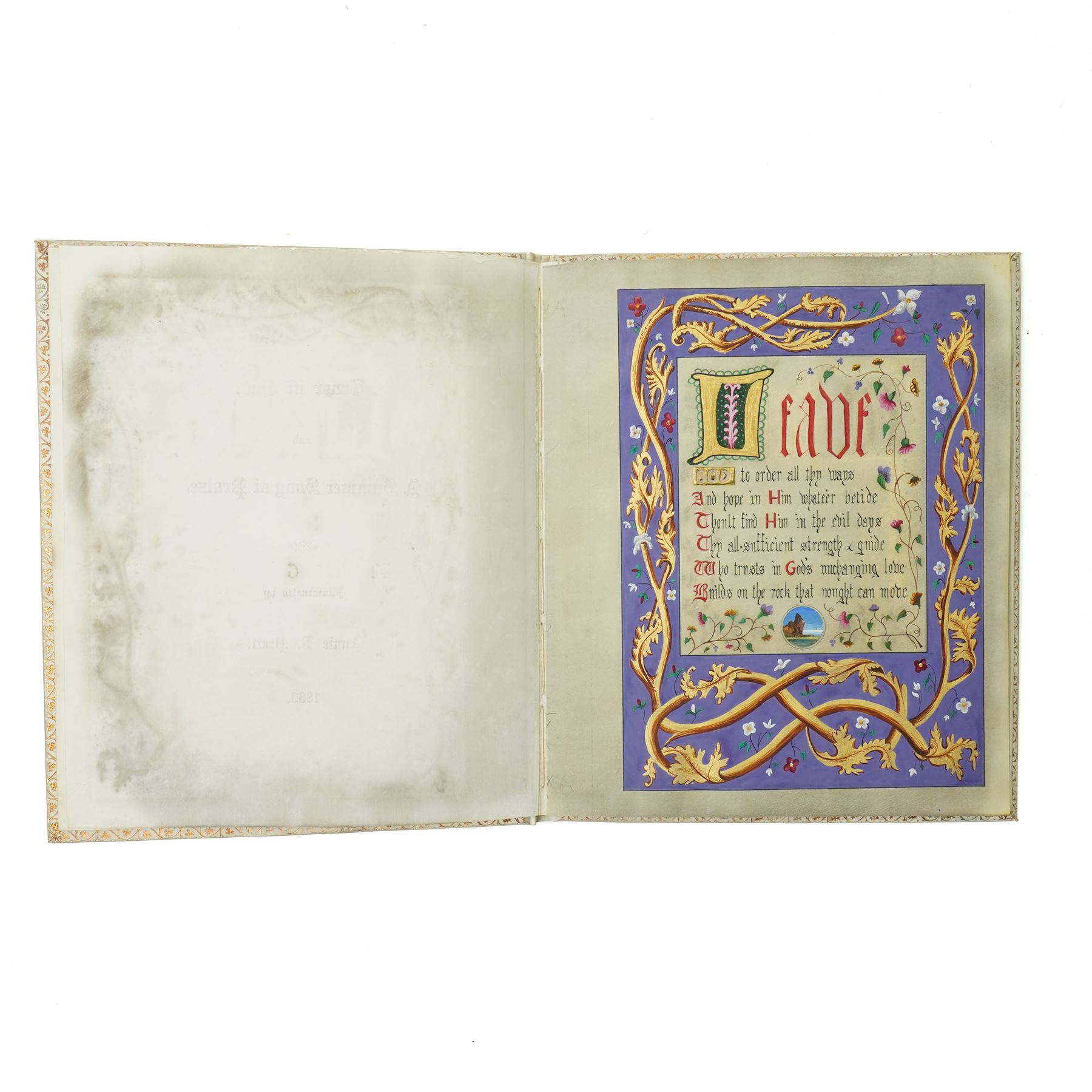  'Trust in God and A Summer Song of Praise' - Vellum bound volume containing fourteen pages of verse and prayers illuminated by Annie B Pratt 1860, all hand coloured, the boards lined in watered silk, red leather box binding with silver clasp hallmarked for London 1888 with makers mark of William Amaziah Ellwick 