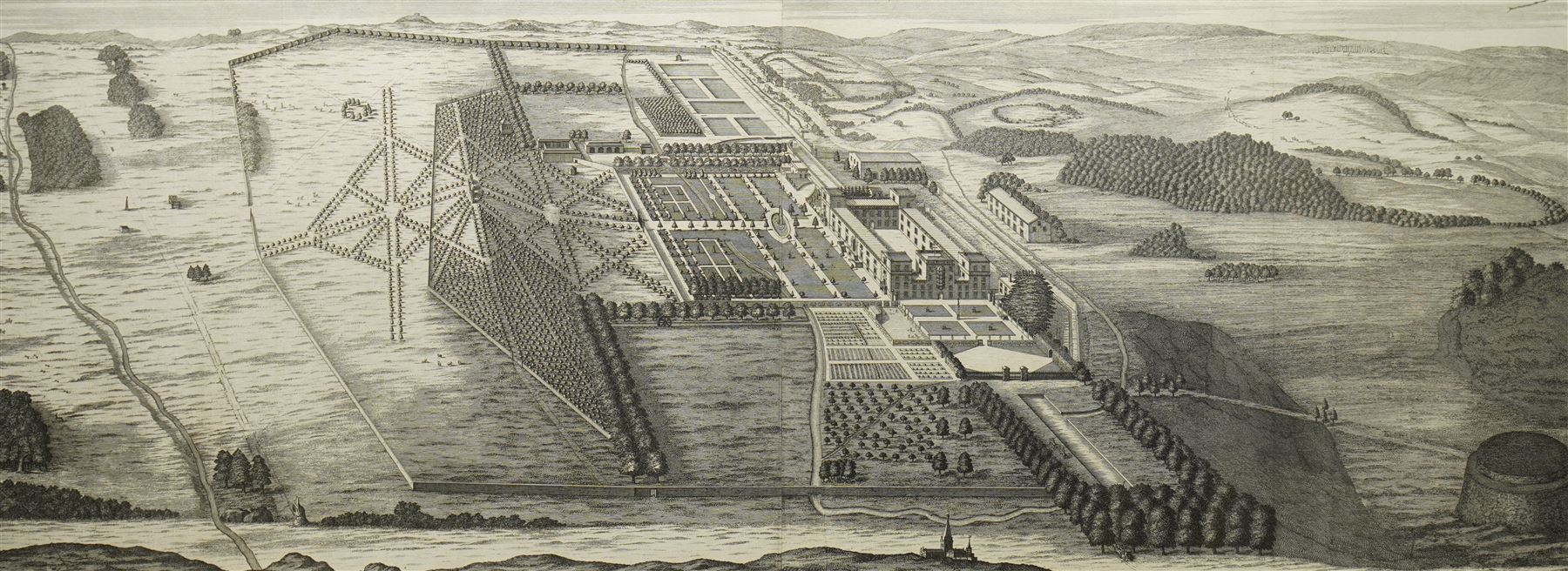Colen Campbell (British 1676-1729): ‘Wilton in Wiltshire - the Seat of the Rt. Honourable the Earl of Pembroke and Montgomery Knight of the most Noble Order of the Garter’, 18th century engraved etching prospect map pub. Vitruvius Britannicus c.1725, 39cm x 100cm
