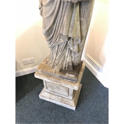  Hand carved stone figure of classical style lady carrying sickle on plinth, W43cm, H162cm, D32cm  