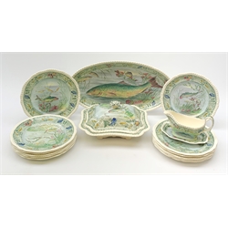 A Copeland Spode fish service, comprising twelve plates, oval serving platter, tureen and cover and sauce jug and stand, platter L46.5cm.