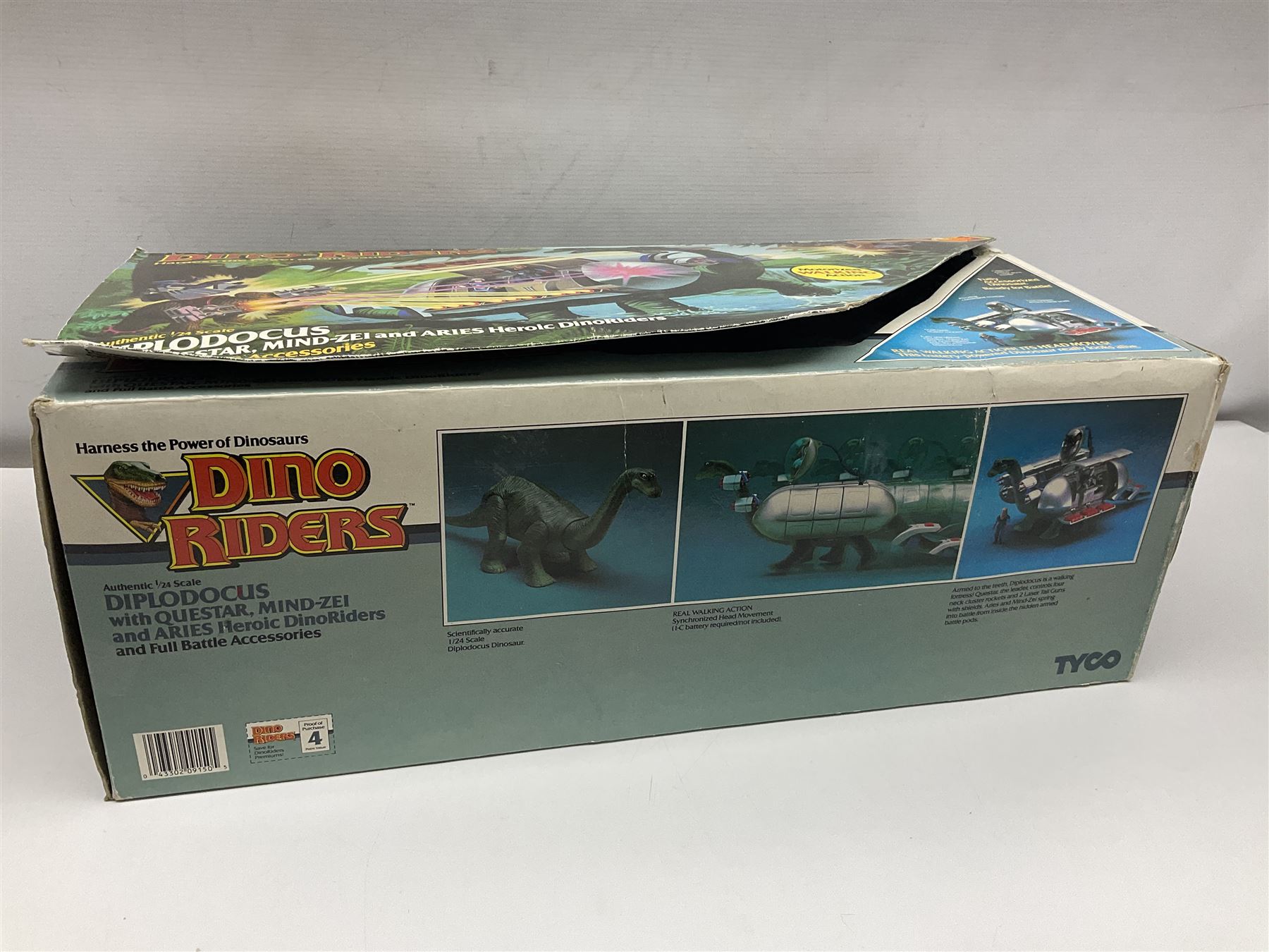 Dino-Riders, 1980s Tyco Action GT Toys, Diplodocus with Questar, Mind-Zei and Aries Heroic DinoRiders; boxed