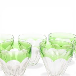 Set of ten wine glasses, of fluted form with chartreuse rim, upon a faceted stem, H20cm  