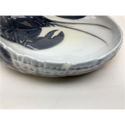 Pair of Royal Copenhagen bowls modelled as baskets and mounted with lobsters, model no 3498 and 3277, with painted and printed marks beneath, largest D19cm