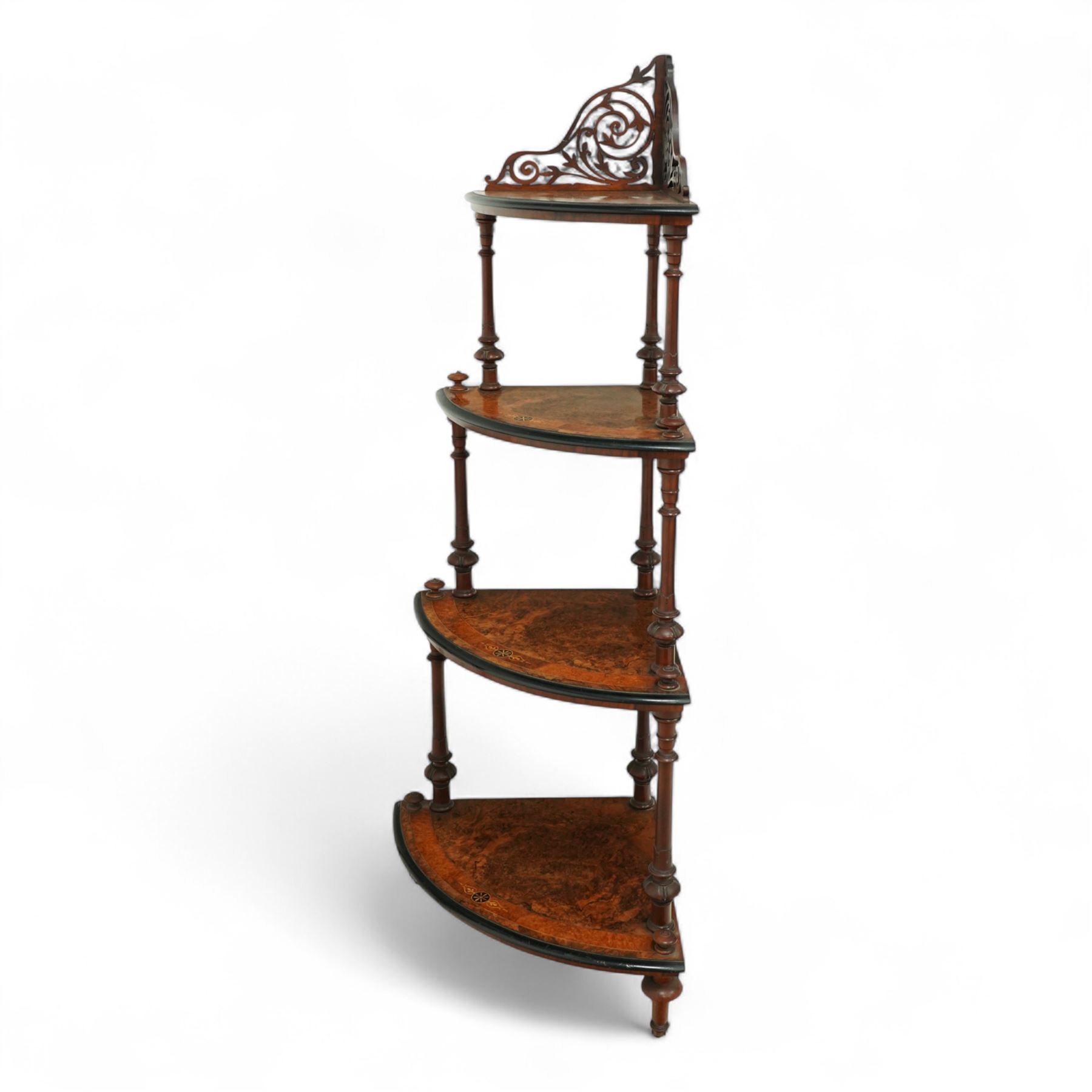 Late Victorian inlaid corner etagere with four tiers in figured walnut, top tier with pierced fretwork gallery above turned upright supports