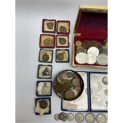Coins and collectables including approximately 60 grams of pre 1947 Great British silver coins, King George V 1935 crown, commemorative crowns, pre-decimal pennies, various sporting medals/fobs, 'Paul Harris Fellow' medal in blue case etc