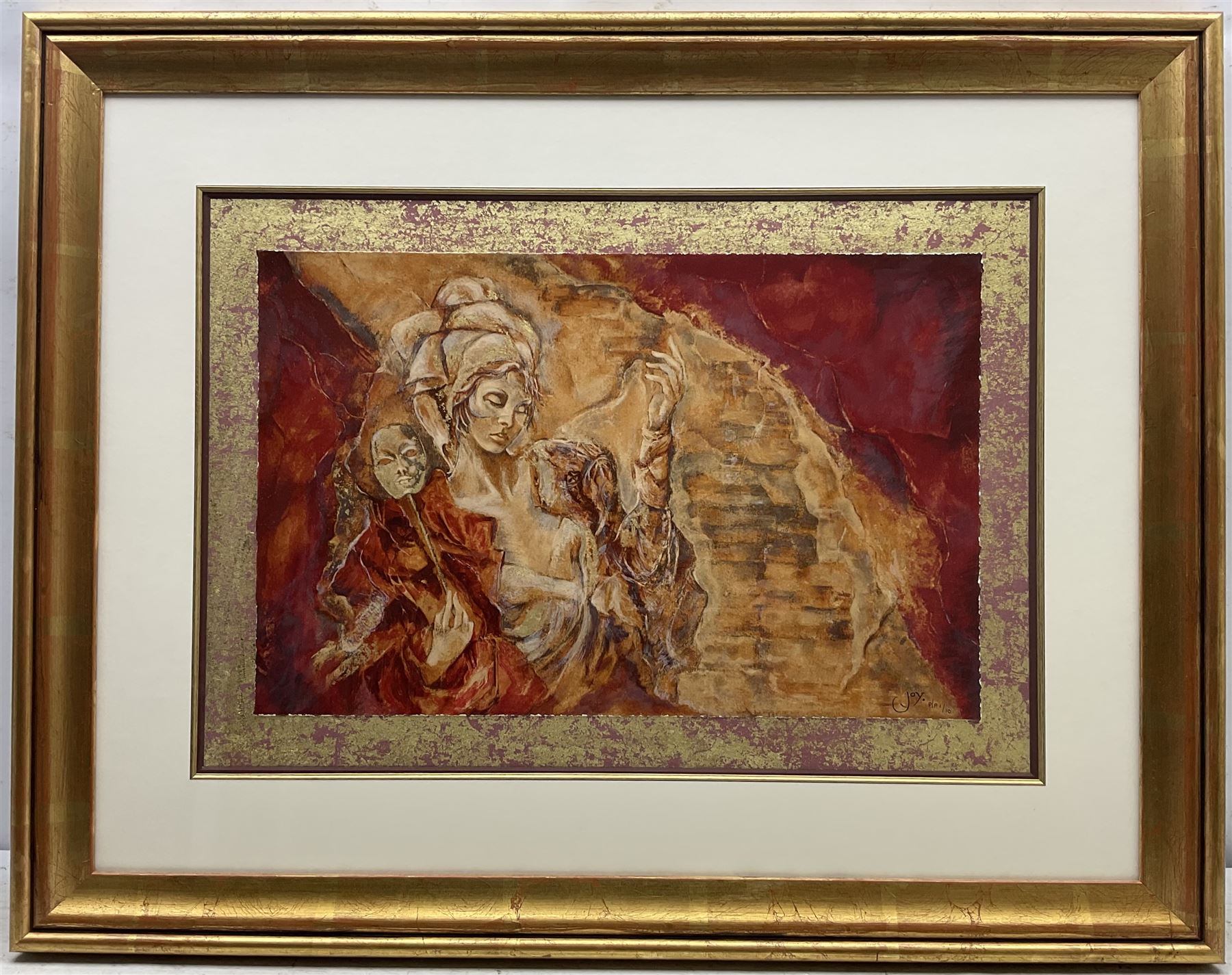 Joy Kirton Smith (British Contemporary): ‘Faces and Masks I & II’, pair printer's prof silkscreen prints on canvas signed and numbered 1/10, 37cm x 57cm (2) 