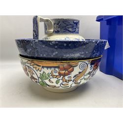 Late 19th/early 20th century Amherst Imari style bowl, together with a Bisto blue bowl decorated with blossoming branches, quantity of 19th century and later blue and white ceramics to include twin handled footed dishes etc