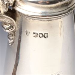 Late Victorian silver small coffee pot with stained wood handle and domed cover and engraved with a crest H20cm London 1895 Maker Charles Stuart Harris