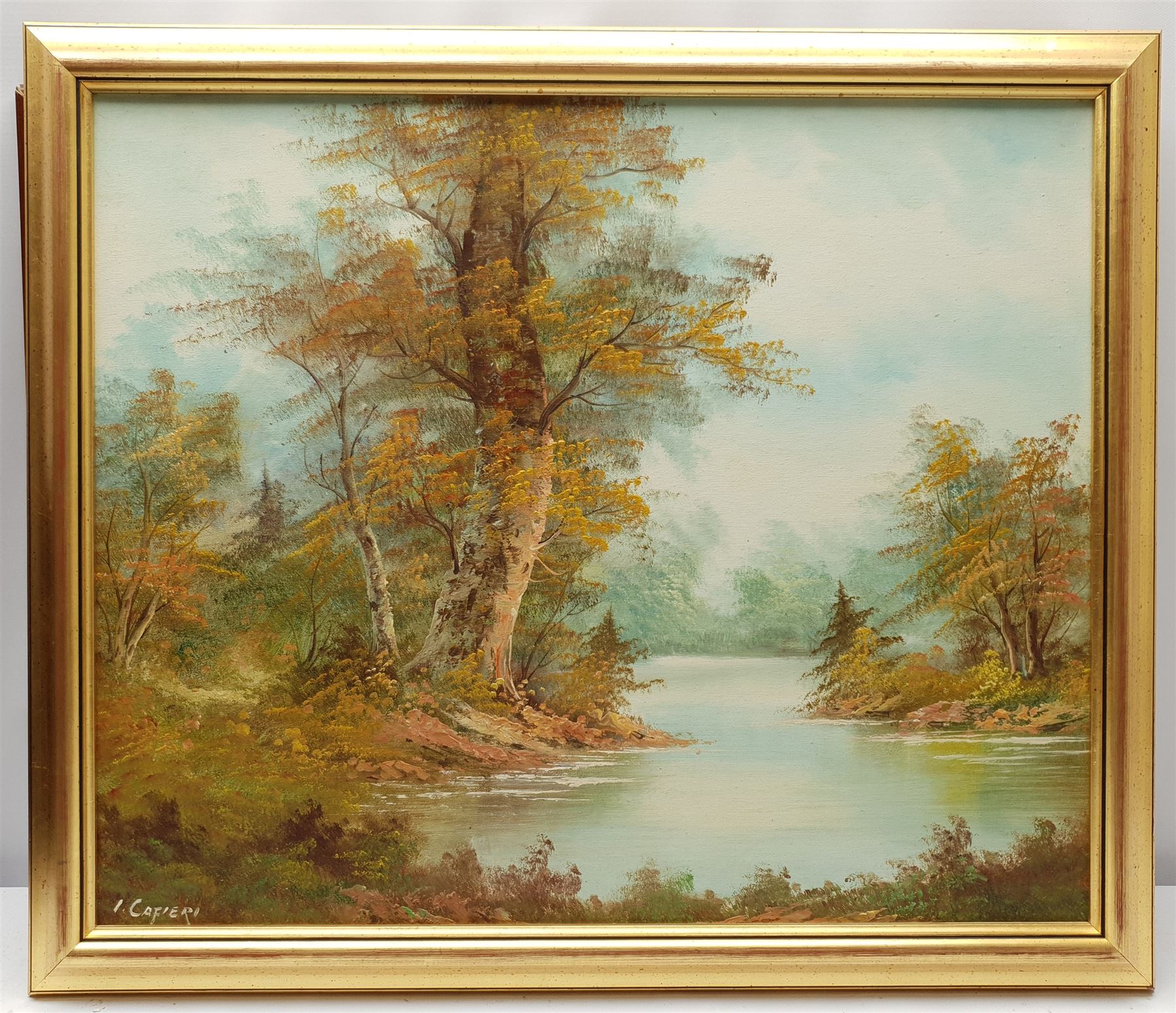 W Jones (20th century): Harbour Scene, oil on canvas signed 45cm x 60cm; I Cafieri: Landscape, oil on canvas signed 50cm x 60cm (2)