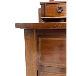 Edwardian inlaid mahogany dressing chest, raised bevelled oval swing mirror, fitted with small trinket, two short and two long drawers 