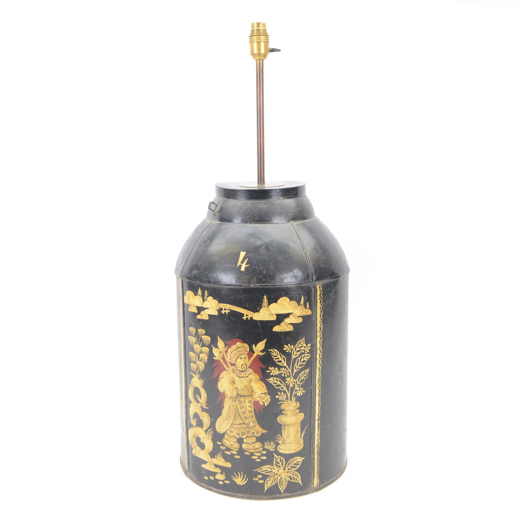 Early 20th century Japanned tole tea cannister lamp, of cylindrical form with tapering top, decorated in gilt with a figure in a garden setting, including fittings H73.5cm