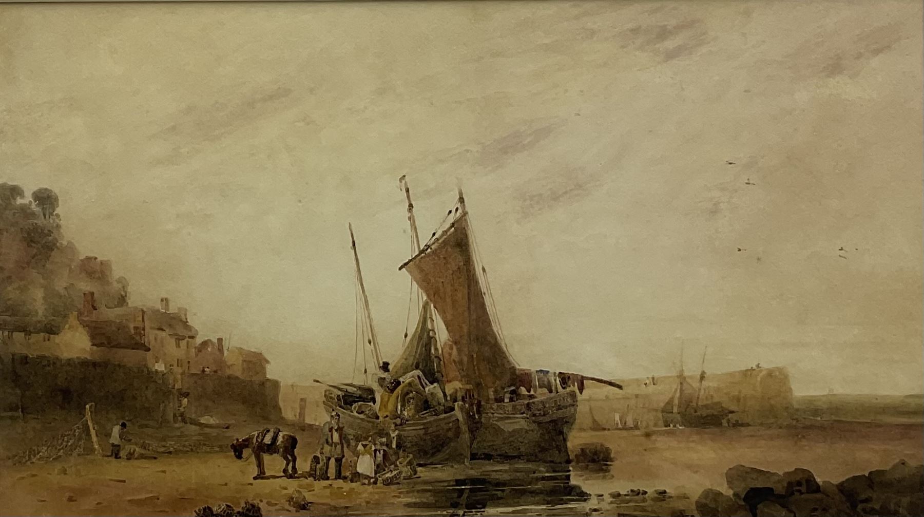 Samuel Austin OWS (British 1796-1834): Fishing Port at Low Tide, watercolour signed and dated '22 on the hull of the boat 24cm x 43cm