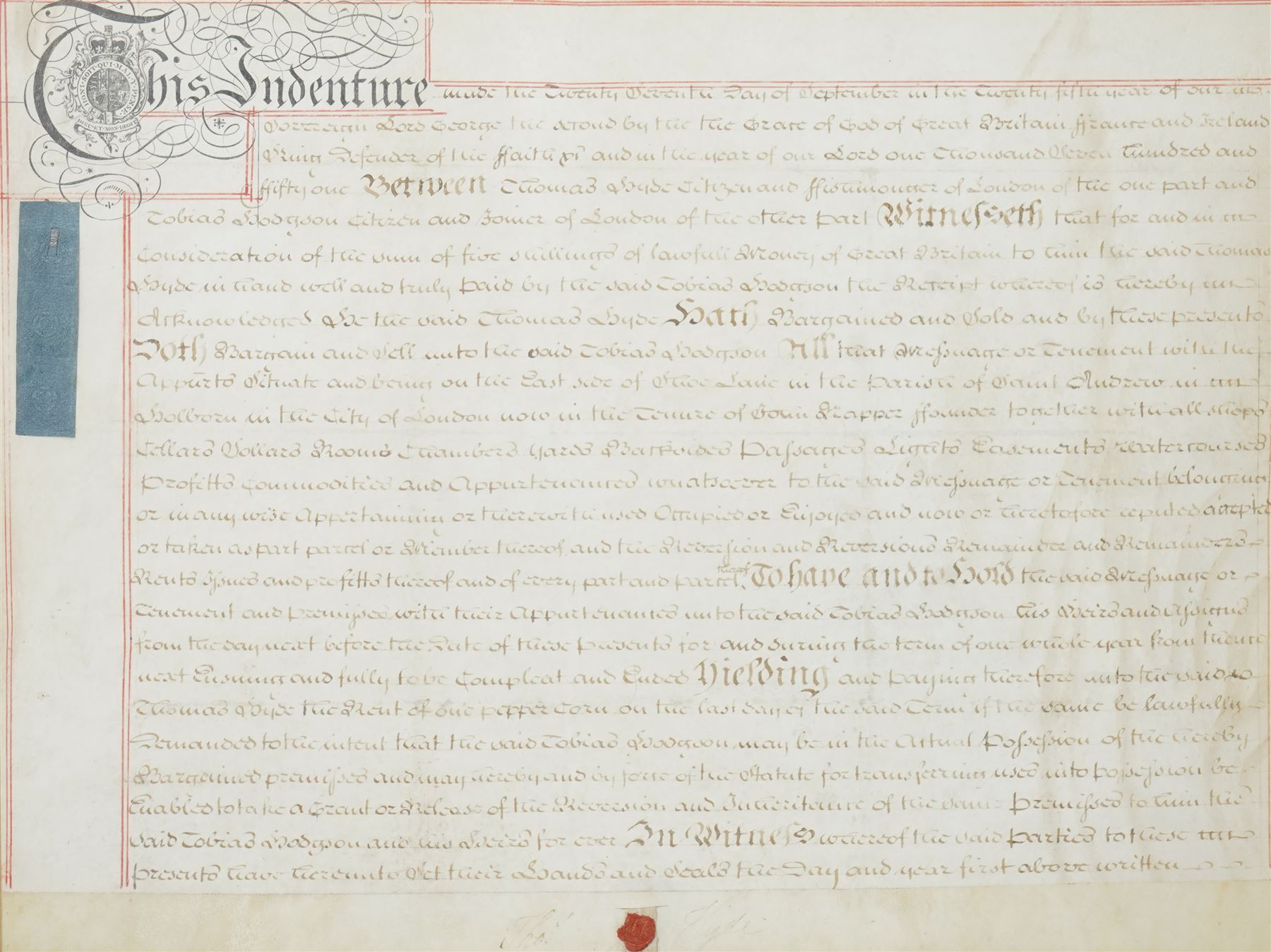 18th century Indenture between Thomas Hyde, citizen and fishmonger of London and Tobias Hodgson, citizen and joiner of London 1751, framed 56cm x 68cm and a 19th century lease regarding property in Soho 1834 (2)