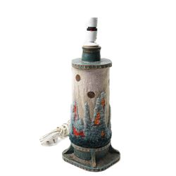 Mid-century Troika style studio pottery lamp, with decorative knitted cover, apparently un...