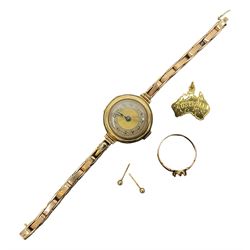9ct gold jewellery including gold cased ladies manual wind wristwatch, on gold expanding strap, ring shank, stud earrings and Australia pendant
