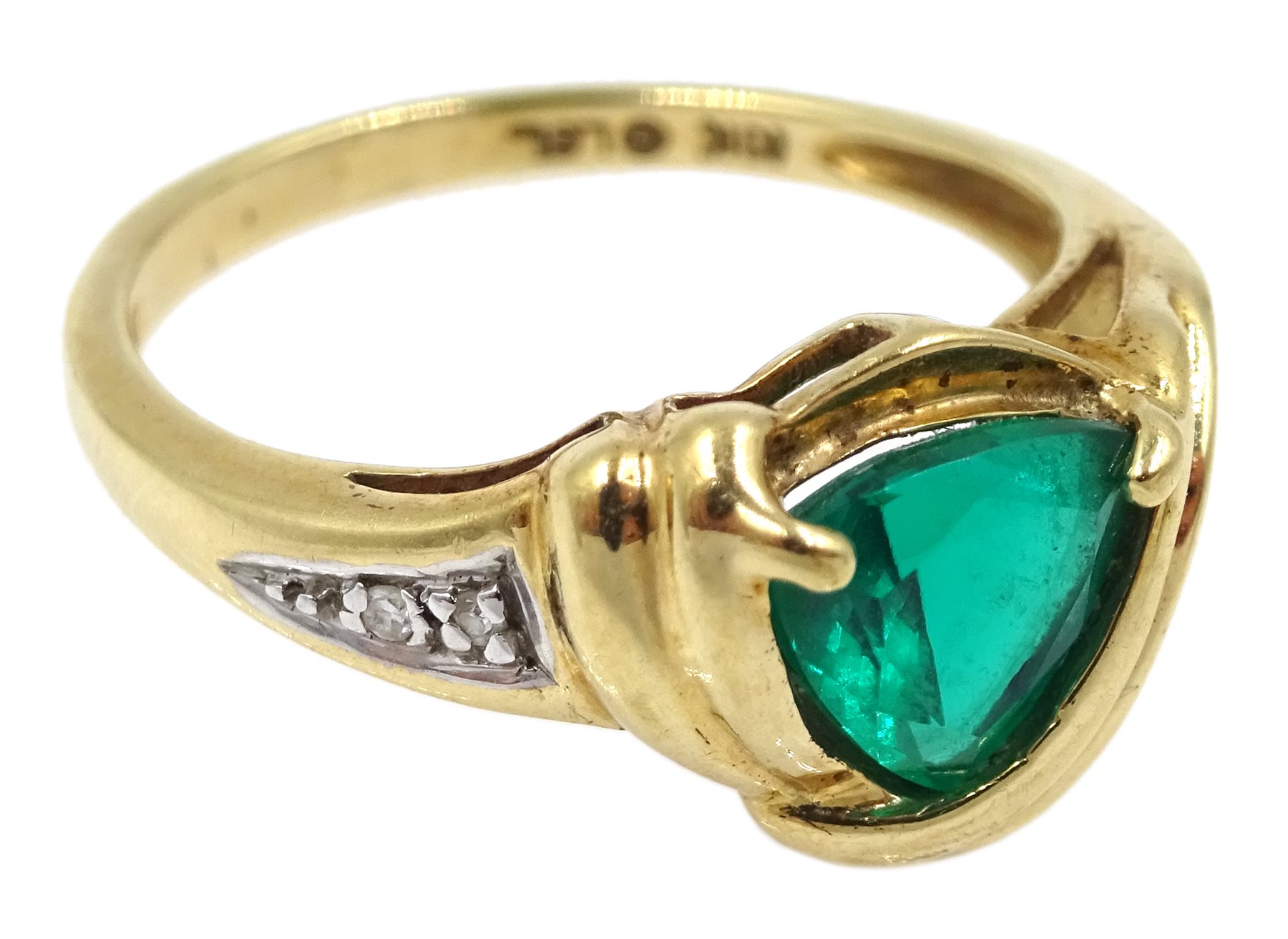 Gold green stone set ring, with diamond set shoulder, stamped 10K