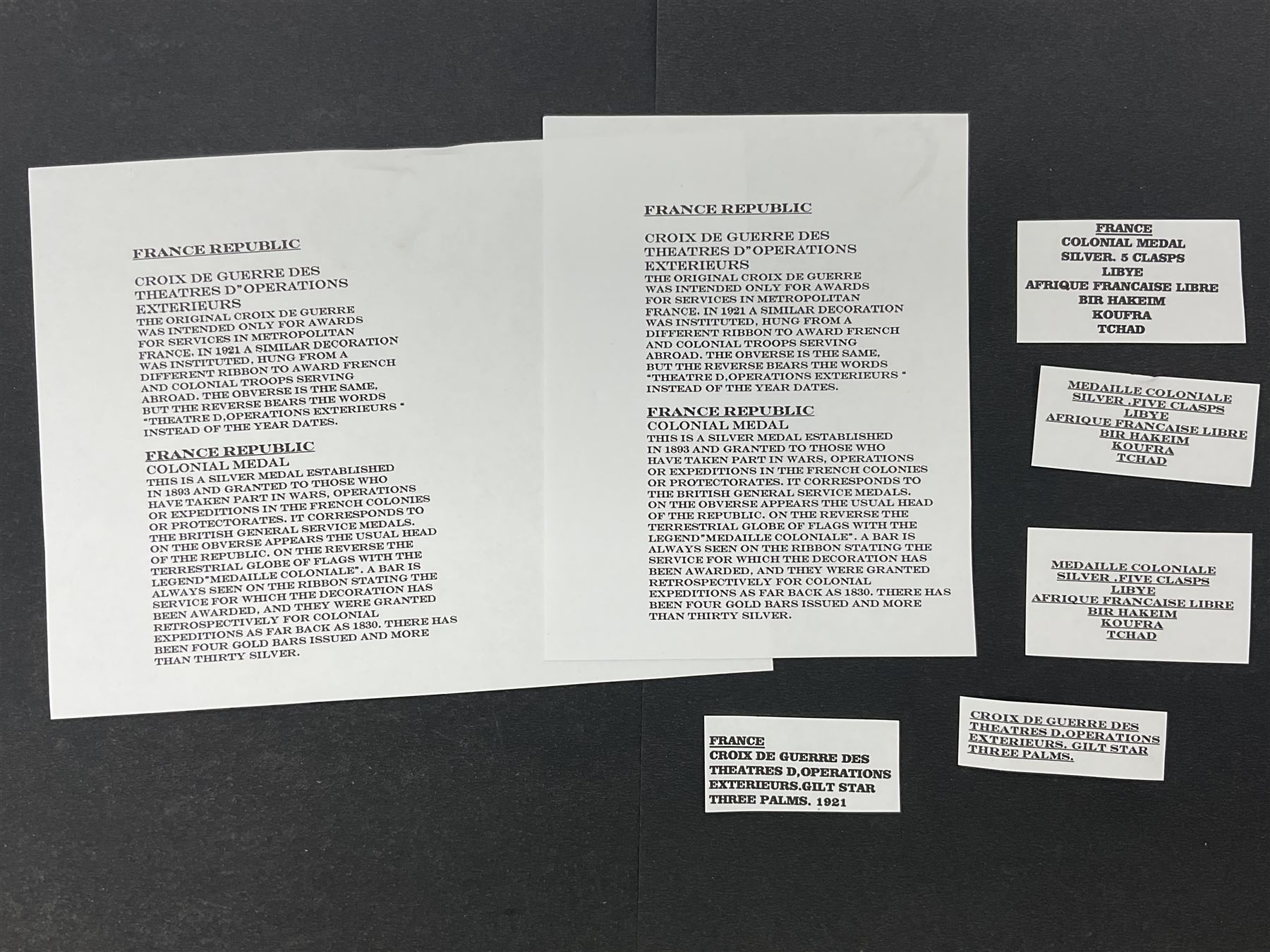 French Republic Colonial Medal with five clasps for Libye, Afrique Francaise Libre, Bir Hakeim, Koufra and Tchad; and Croix de Guerre Des Theatres D'Operations Exterieurs with three MID leaves and gold star; both with ribbons (2)
