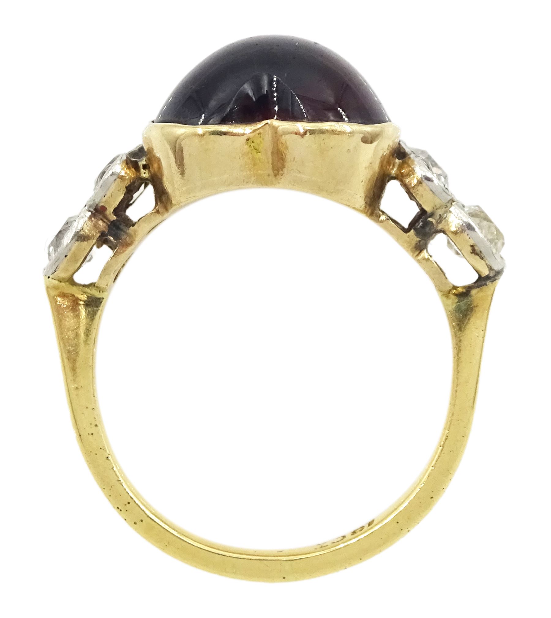 Early 20th century gold heart cut garnet and six stone old cut diamond ring, stamped 18ct, total diamond weight approx 0.50 carat