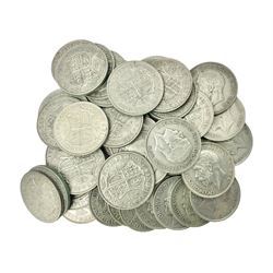 Forty-five King George V pre 1947 silver halfcrown coins, dated ten 1930, eight 1931, six 1932, six 1933, two 1934, three 1935 and ten 1936, approximately 630 grams