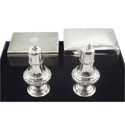 Silver lidded box, engine turned decoration and velvet lining by A & J Zimmerman Ltd, Birmingham 1906, silver cigar box hallmarked and pair of silver castors, makers mark GHH, Birmingham 1902