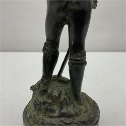 After Donatello, bronzed figure, David with the head of Goliath, upon a circular marble base 