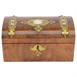 19th century burr walnut tea caddy, with brass and ivory mounts to domed cover, opening to reveal two lidded compartments, with key, H10cm
This item has been registered for sale under Section 10 of the APHA Ivory Act