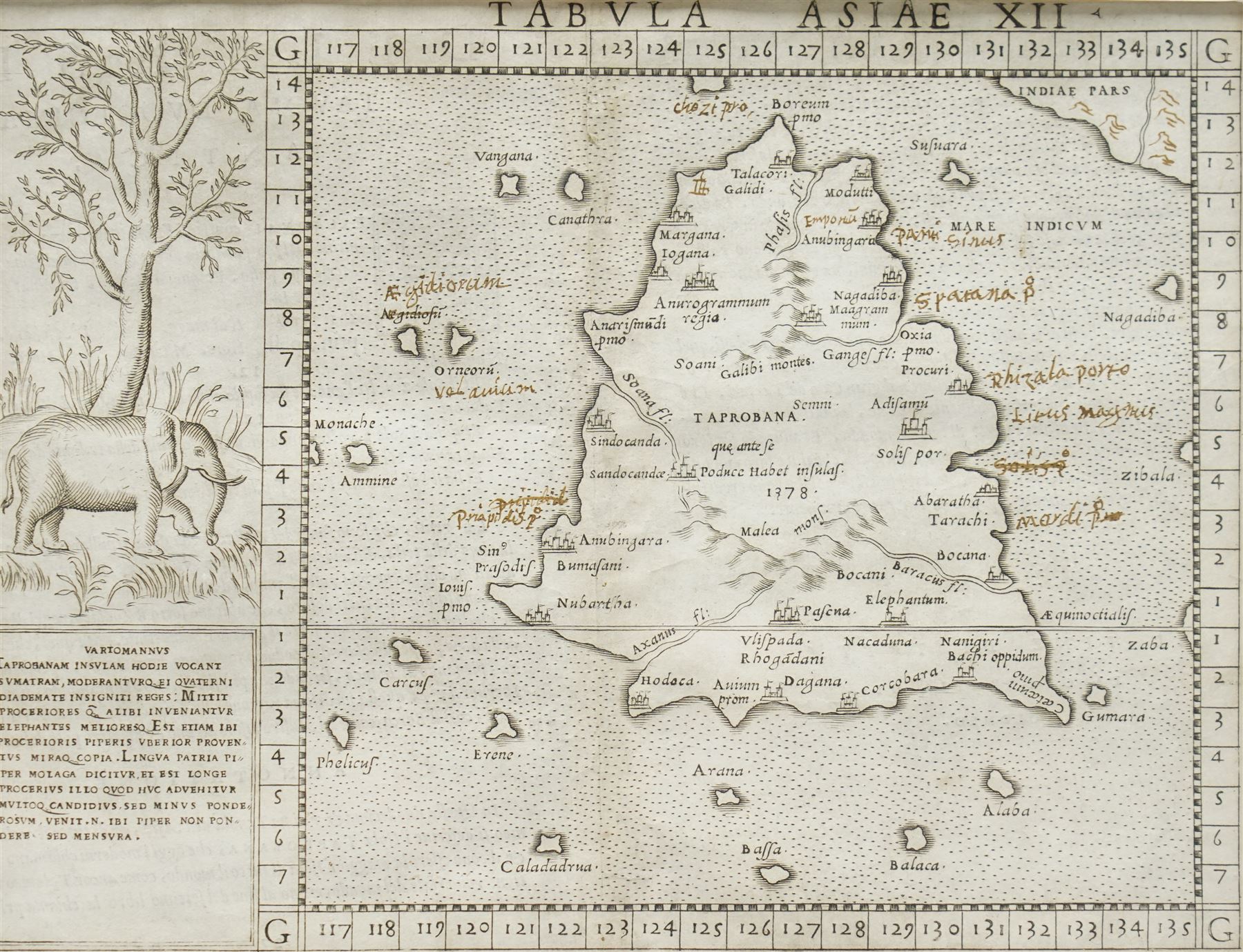 Girolamo Ruscelli (Italian 1504-1566): ‘Tabula Asiae XII’, 16th century engraved Ptolemaic map of Taprobana in Asia (Ceylon/Sri Lanka) with woodcut vignette of the ‘Pascua Elephantum’ with later sepia ink inscriptions, Italian text verso, from Ruscelli’s edition of Ptolemy’s Geographia pub. Venice c.1561, 19cm x 24cm