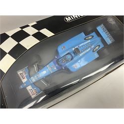 Three Minichamps 1:18 scale die-cast racing cars - B.A.R. Honda 006 J. Button; limited edition Benetton Renault Sport Showcar 2001 J. Button; and limited edition Benetton Renault Sport Showcar 2001 G. Fisichella; all boxed (3)