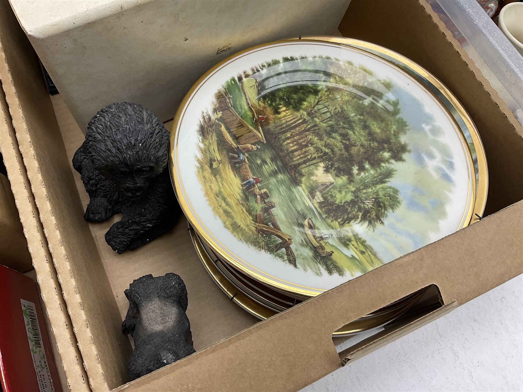 Quantity of boxed Saving the Gorillas in the Mist figures, boxed Royal Doulton glasses, art glass, ceramics etc in four boxes