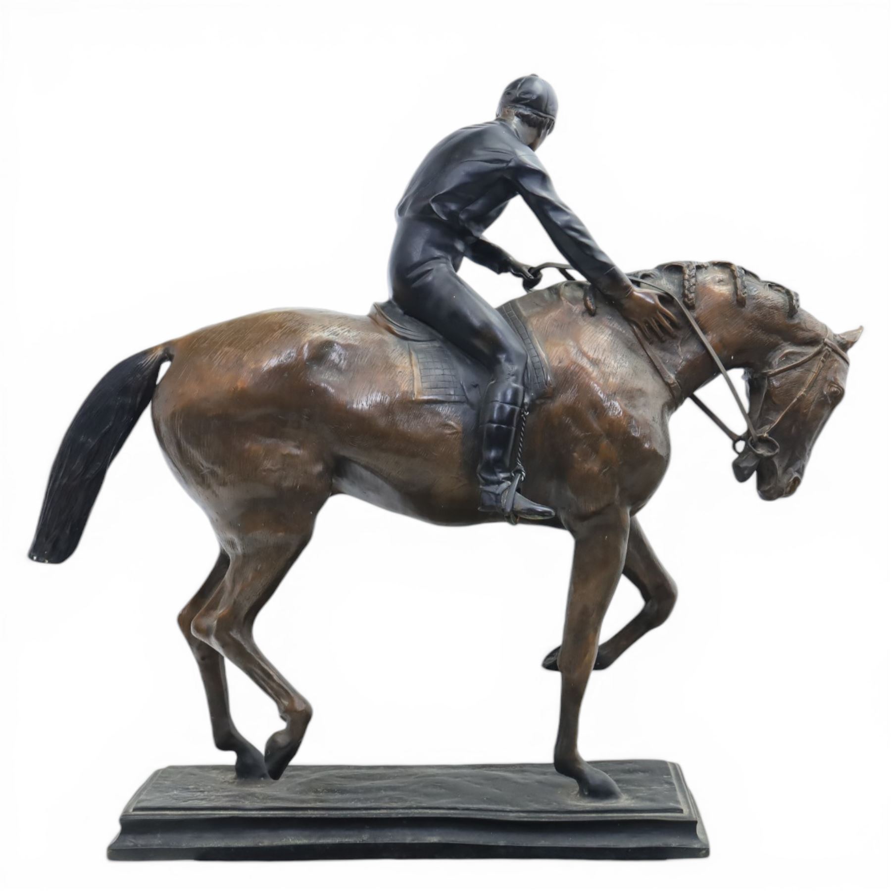 After Isidore Jules Bonheur (1827-1901), bronze figure of a jockey on horseback, upon a rectangular base, signed Bonheur, H88cm