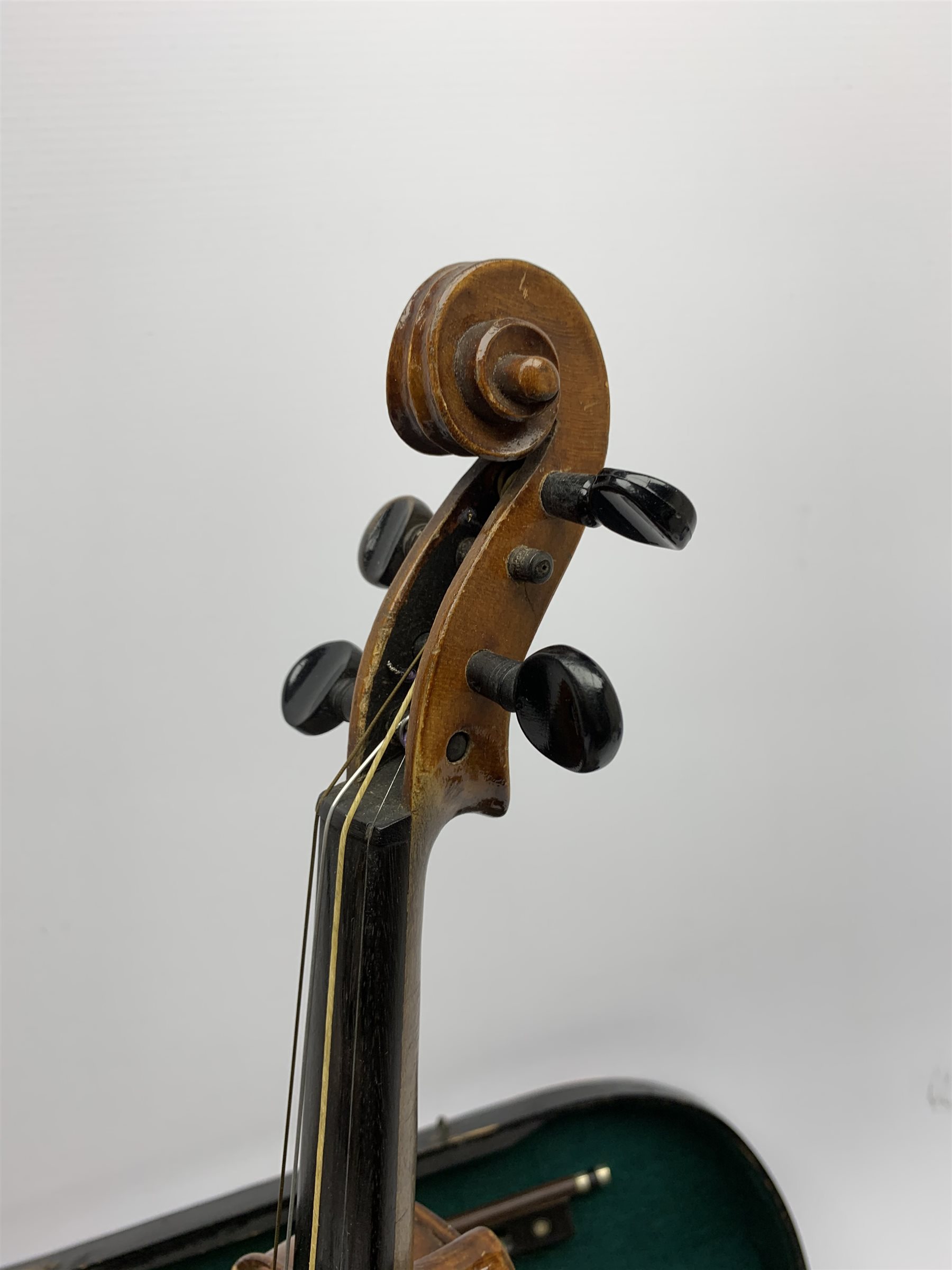 John Murdoch & Co. 'The Maidstone' three-quarter size violin with 33.5cm two-piece maple back and ribs and spruce top, bears label, 55cm overall, in original ebonised wooden 'coffin' case with two bows 